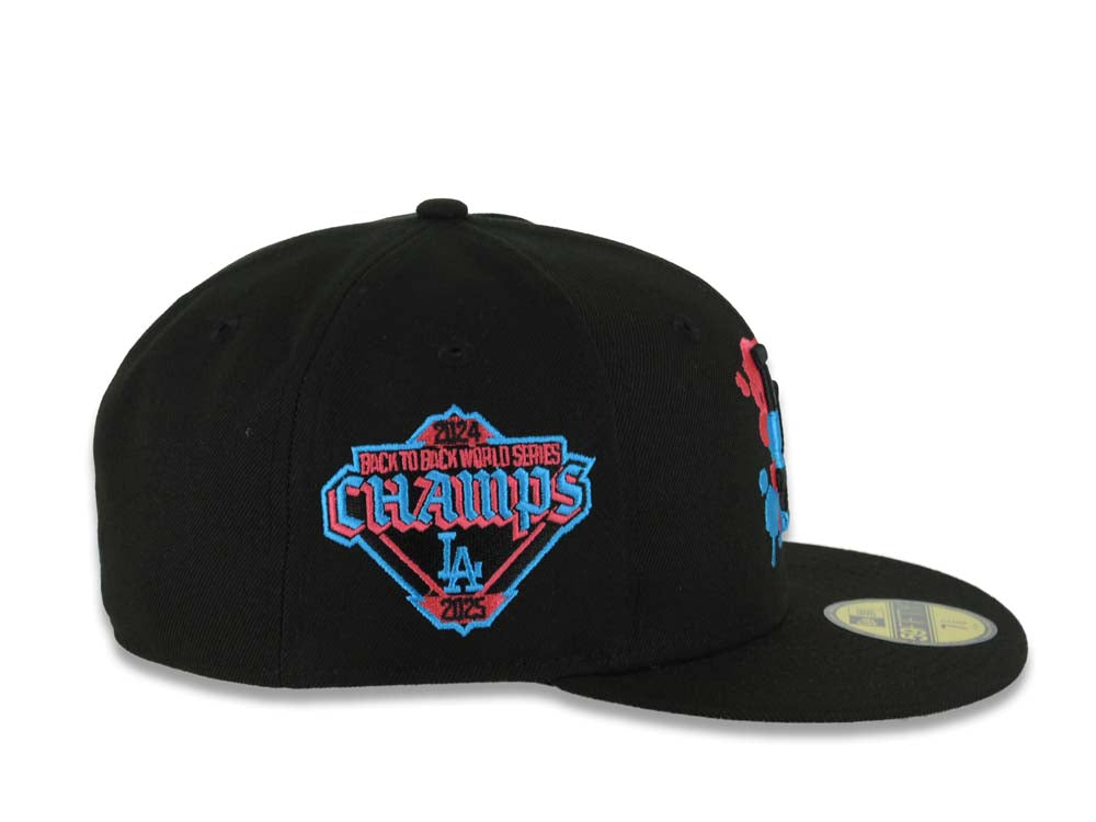 (Capland Exclusive) Los Angeles Dodgers New Era MLB 59FIFTY 5950 Fitted Black Cap Hat Black/Magenta/Blue Splatter Logo 2024-25 World Series Champs