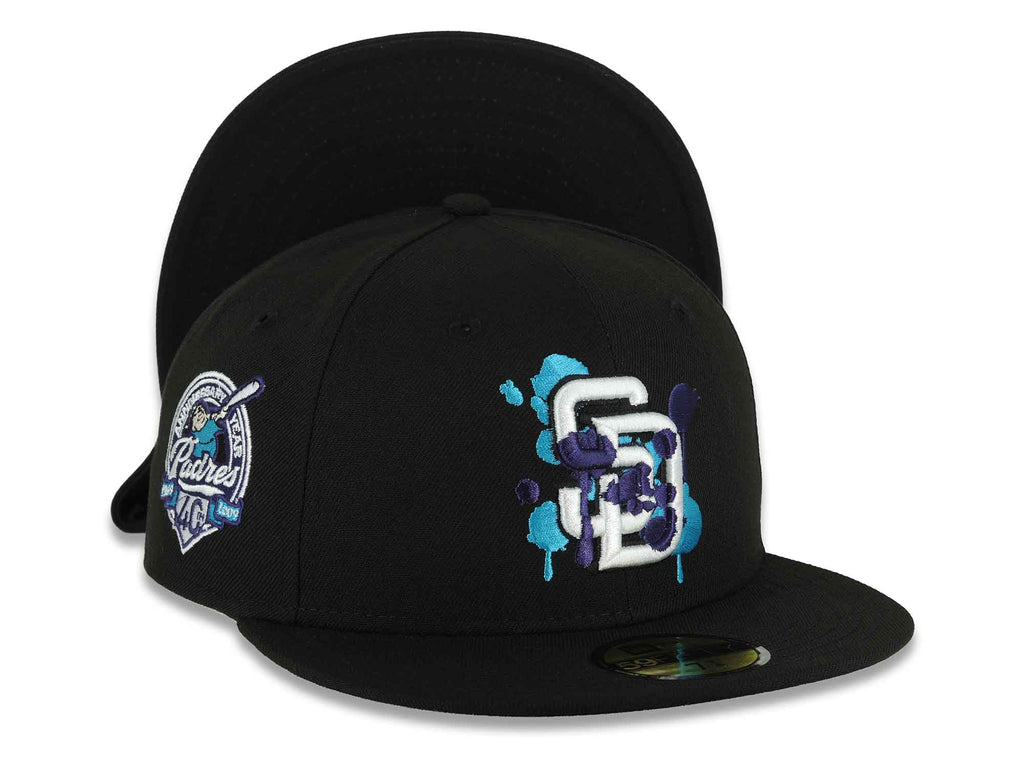 (Capland Exclusive) San Diego Padres New Era MLB 59FIFTY 5950 Fitted Black Cap Hat White/Purple/Turquoise Splatter Logo 40th Anniversary Side Patch