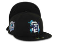 (Capland Exclusive) San Diego Padres New Era MLB 59FIFTY 5950 Fitted Black Cap Hat White/Purple/Turquoise Splatter Logo 40th Anniversary Side Patch