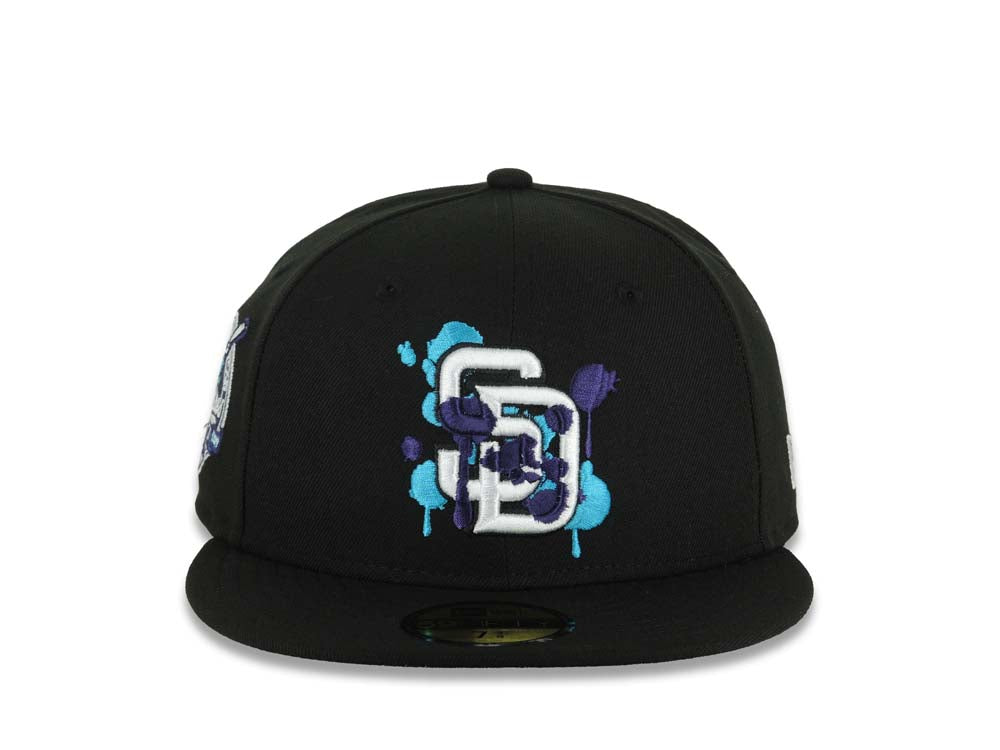 (Capland Exclusive) San Diego Padres New Era MLB 59FIFTY 5950 Fitted Black Cap Hat White/Purple/Turquoise Splatter Logo 40th Anniversary Side Patch