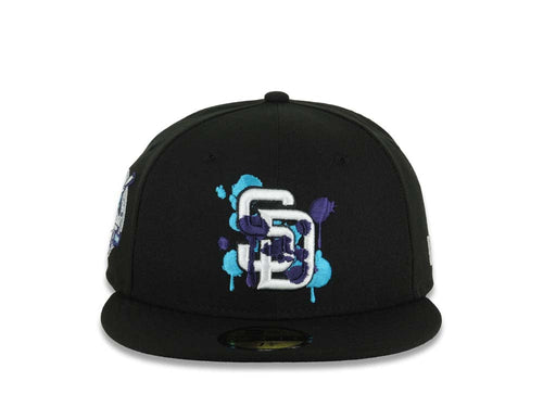 (Capland Exclusive) San Diego Padres New Era MLB 59FIFTY 5950 Fitted Black Cap Hat White/Purple/Turquoise Splatter Logo 40th Anniversary Side Patch
