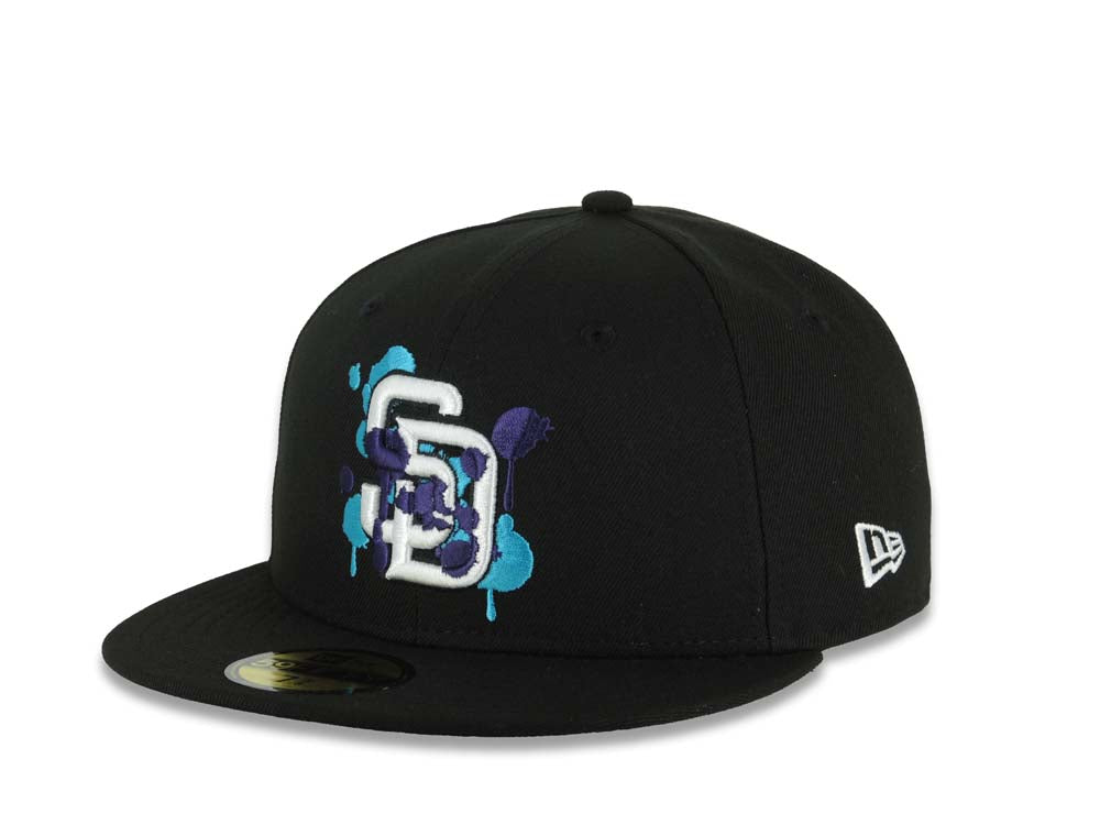 (Capland Exclusive) San Diego Padres New Era MLB 59FIFTY 5950 Fitted Black Cap Hat White/Purple/Turquoise Splatter Logo 40th Anniversary Side Patch