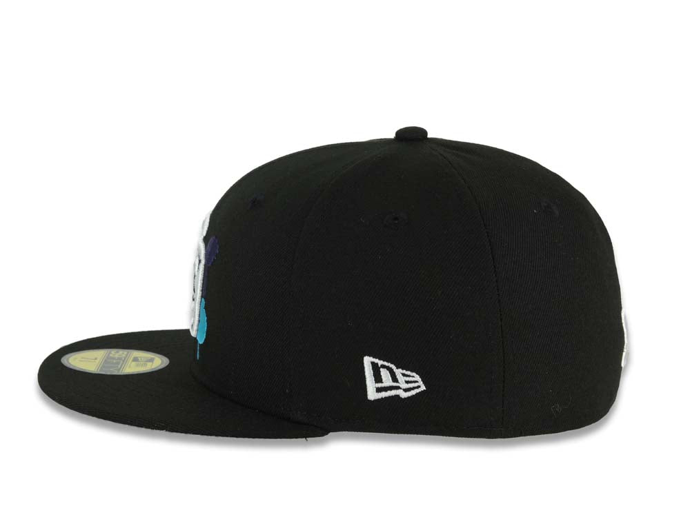 (Capland Exclusive) San Diego Padres New Era MLB 59FIFTY 5950 Fitted Black Cap Hat White/Purple/Turquoise Splatter Logo 40th Anniversary Side Patch