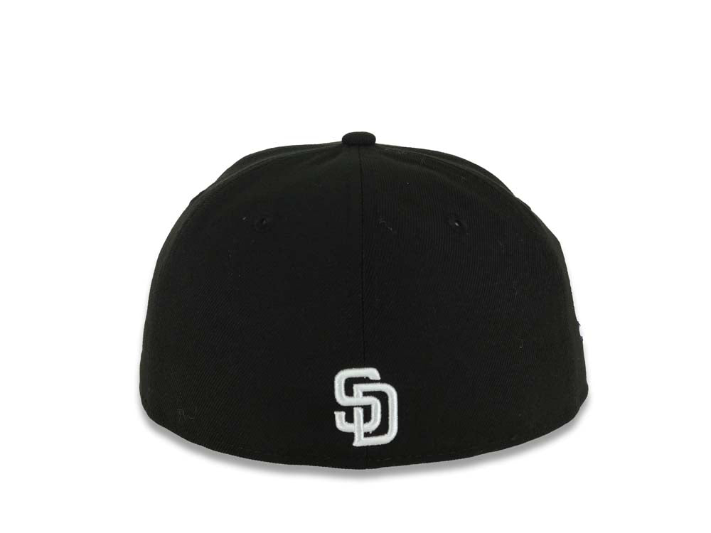 (Capland Exclusive) San Diego Padres New Era MLB 59FIFTY 5950 Fitted Black Cap Hat White/Purple/Turquoise Splatter Logo 40th Anniversary Side Patch