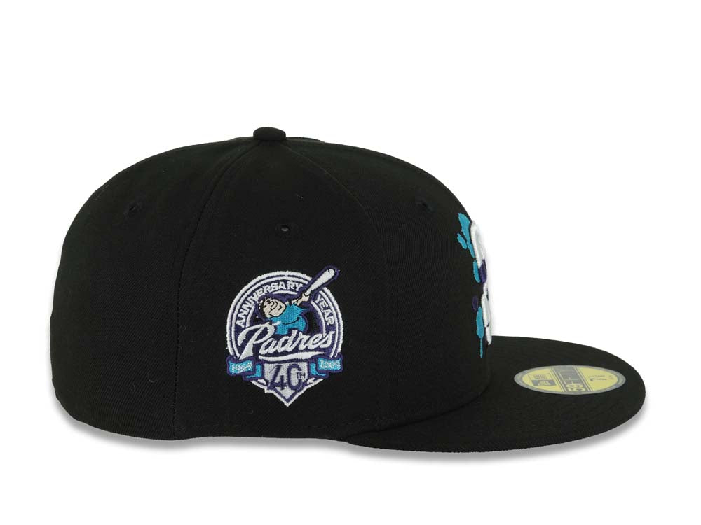 (Capland Exclusive) San Diego Padres New Era MLB 59FIFTY 5950 Fitted Black Cap Hat White/Purple/Turquoise Splatter Logo 40th Anniversary Side Patch