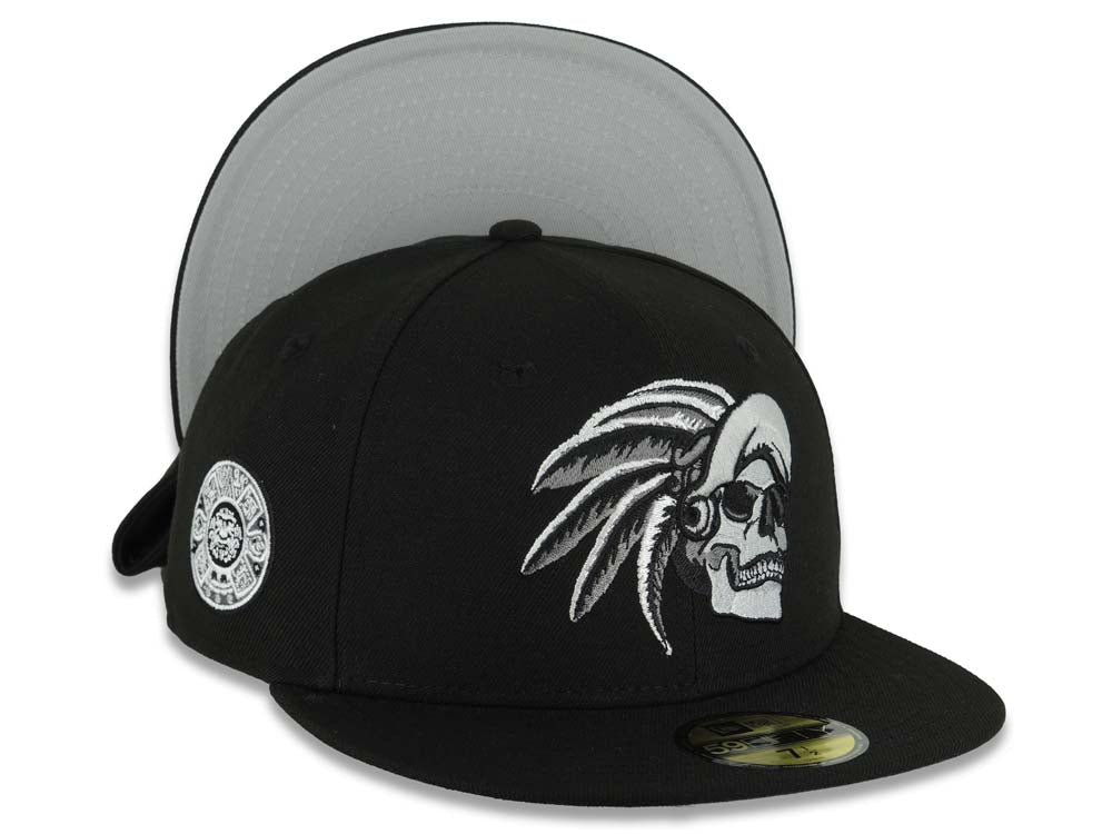 Mexico New Era 59FIFTY 5950 Fitted Cap Hat Black Crown/Visor Black/White/Gray Skull Logo Aztec Calendar Side Patch Gray UV