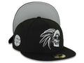 Mexico New Era 59FIFTY 5950 Fitted Cap Hat Black Crown/Visor Black/White/Gray Skull Logo Aztec Calendar Side Patch Gray UV