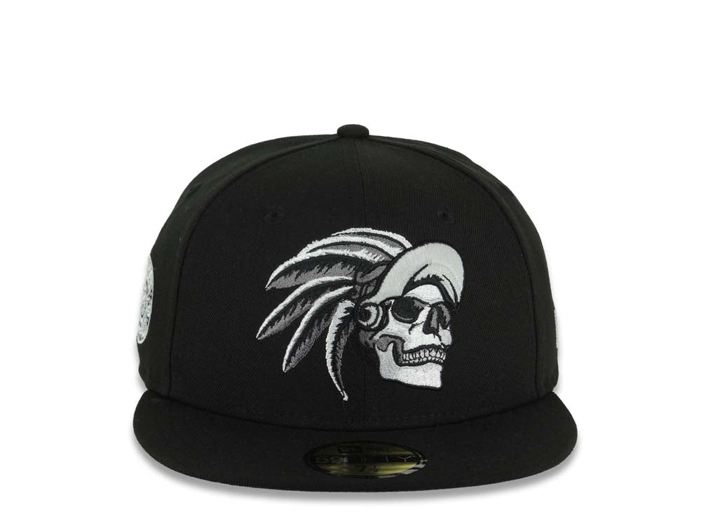Mexico New Era 59FIFTY 5950 Fitted Cap Hat Black Crown/Visor Black/White/Gray Skull Logo Aztec Calendar Side Patch Gray UV