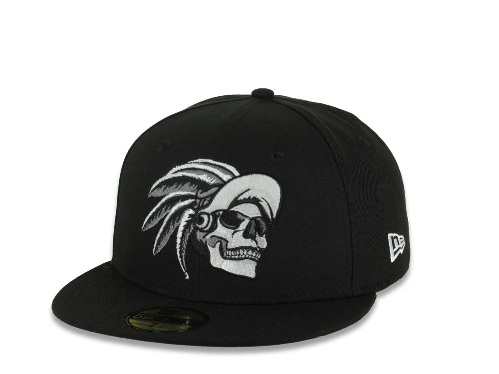 Mexico New Era 59FIFTY 5950 Fitted Cap Hat Black Crown/Visor Black/White/Gray Skull Logo Aztec Calendar Side Patch Gray UV
