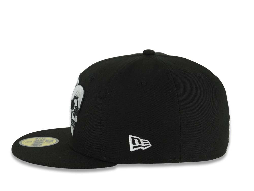 Mexico New Era 59FIFTY 5950 Fitted Cap Hat Black Crown/Visor Black/White/Gray Skull Logo Aztec Calendar Side Patch Gray UV