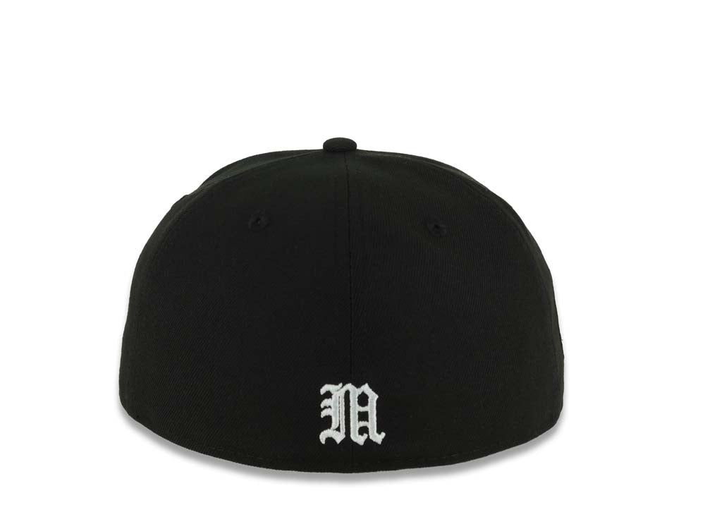 Mexico New Era 59FIFTY 5950 Fitted Cap Hat Black Crown/Visor Black/White/Gray Skull Logo Aztec Calendar Side Patch Gray UV