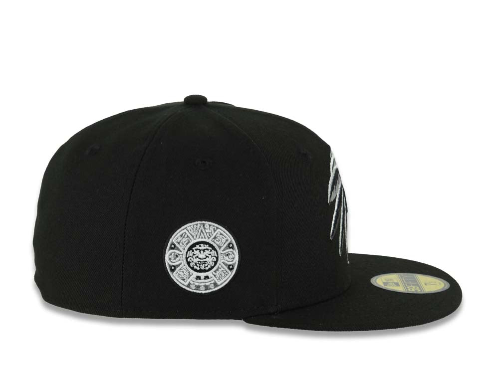 Mexico New Era 59FIFTY 5950 Fitted Cap Hat Black Crown/Visor Black/White/Gray Skull Logo Aztec Calendar Side Patch Gray UV
