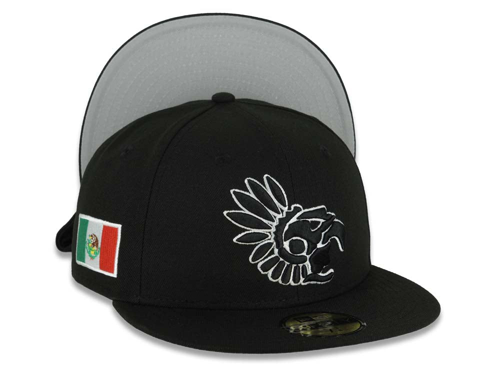 Mexico New Era 59FIFTY 5950 Fitted Cap Hat Black Crown/Visor Black/White Aztec Headdress Logo Mexico Flag Side Patch Gray UV