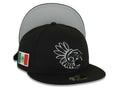 Mexico New Era 59FIFTY 5950 Fitted Cap Hat Black Crown/Visor Black/White Aztec Headdress Logo Mexico Flag Side Patch Gray UV