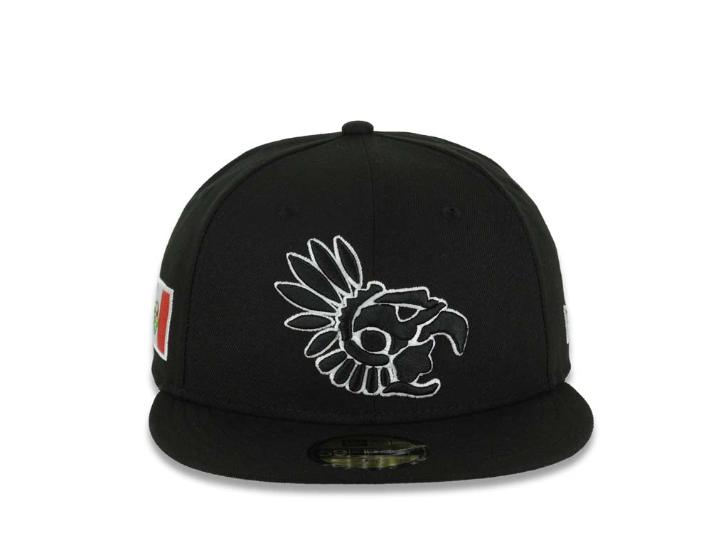 Mexico New Era 59FIFTY 5950 Fitted Cap Hat Black Crown/Visor Black/White Aztec Headdress Logo Mexico Flag Side Patch Gray UV
