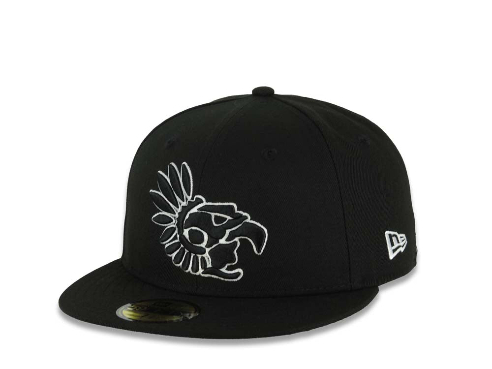 Mexico New Era 59FIFTY 5950 Fitted Cap Hat Black Crown/Visor Black/White Aztec Headdress Logo Mexico Flag Side Patch Gray UV