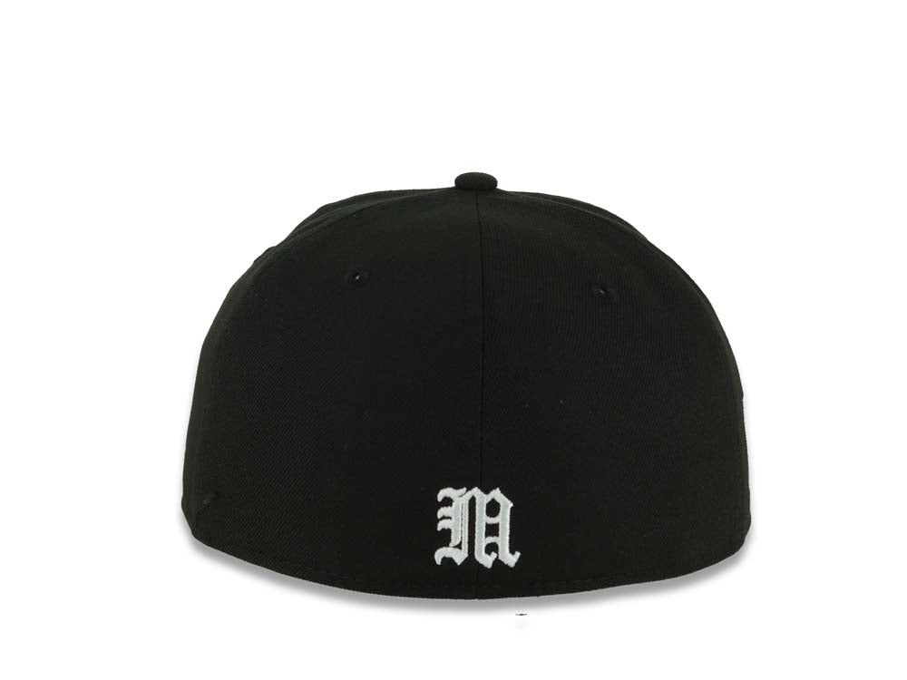 Mexico New Era 59FIFTY 5950 Fitted Cap Hat Black Crown/Visor Black/White Aztec Headdress Logo Mexico Flag Side Patch Gray UV