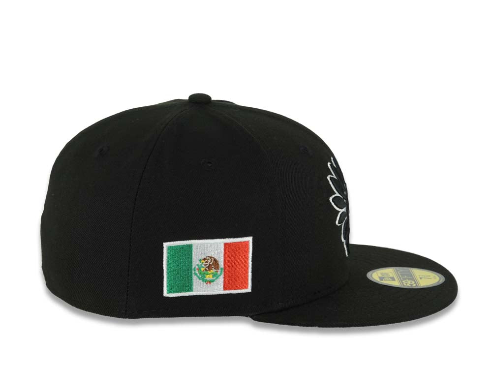Mexico New Era 59FIFTY 5950 Fitted Cap Hat Black Crown/Visor Black/White Aztec Headdress Logo Mexico Flag Side Patch Gray UV