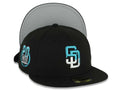 San Diego Padres New Era MLB 59FIFTY 5950 Fitted Cap Hat Black Crown/Visor White/Teal Drip Logo Petco Park 20 Years Side Patch Gray UV