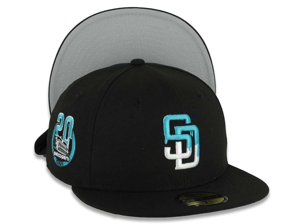 San Diego Padres New Era MLB 59FIFTY 5950 Fitted Cap Hat Black Crown/Visor White/Teal Drip Logo Petco Park 20 Years Side Patch Gray UV