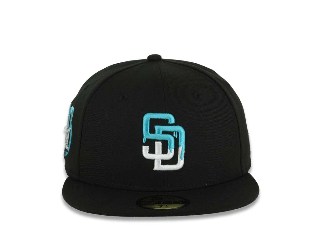 San Diego Padres New Era MLB 59FIFTY 5950 Fitted Cap Hat Black Crown/Visor White/Teal Drip Logo Petco Park 20 Years Side Patch Gray UV