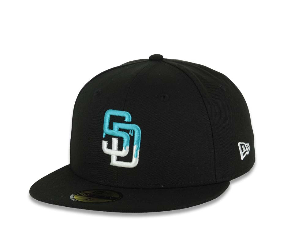 San Diego Padres New Era MLB 59FIFTY 5950 Fitted Cap Hat Black Crown/Visor White/Teal Drip Logo Petco Park 20 Years Side Patch Gray UV