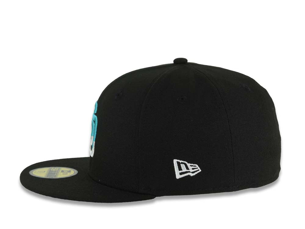 San Diego Padres New Era MLB 59FIFTY 5950 Fitted Cap Hat Black Crown/Visor White/Teal Drip Logo Petco Park 20 Years Side Patch Gray UV