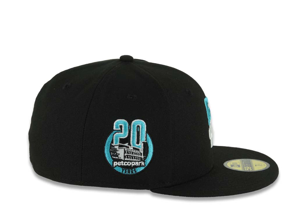 San Diego Padres New Era MLB 59FIFTY 5950 Fitted Cap Hat Black Crown/Visor White/Teal Drip Logo Petco Park 20 Years Side Patch Gray UV