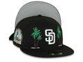 San Diego Padres New Era MLB 59FIFTY 5950 Fitted Cap Hat Black Crown/Visor White Logo 2 Palm Trees Petco Park 10 Years Side Patch Gray UV