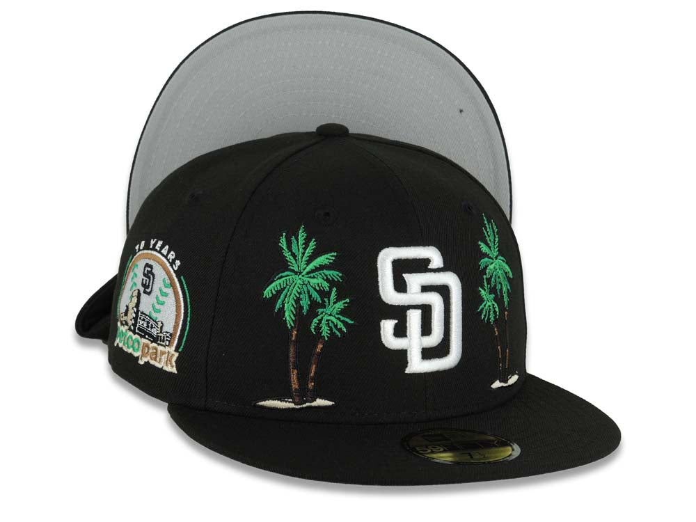 San Diego Padres New Era MLB 59FIFTY 5950 Fitted Cap Hat Black Crown/Visor White Logo 2 Palm Trees Petco Park 10 Years Side Patch Gray UV
