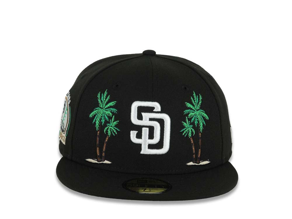 San Diego Padres New Era MLB 59FIFTY 5950 Fitted Cap Hat Black Crown/Visor White Logo 2 Palm Trees Petco Park 10 Years Side Patch Gray UV