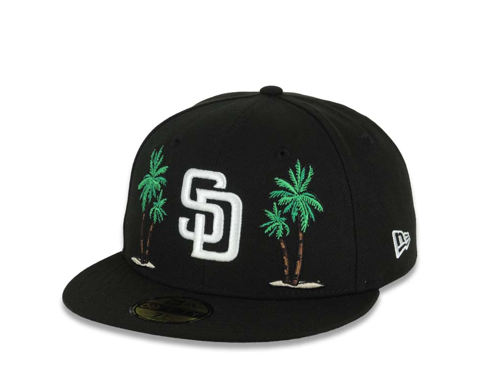 San Diego Padres New Era MLB 59FIFTY 5950 Fitted Cap Hat Black Crown/Visor White Logo 2 Palm Trees Petco Park 10 Years Side Patch Gray UV