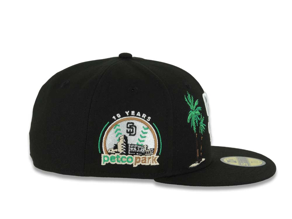 San Diego Padres New Era MLB 59FIFTY 5950 Fitted Cap Hat Black Crown/Visor White Logo 2 Palm Trees Petco Park 10 Years Side Patch Gray UV