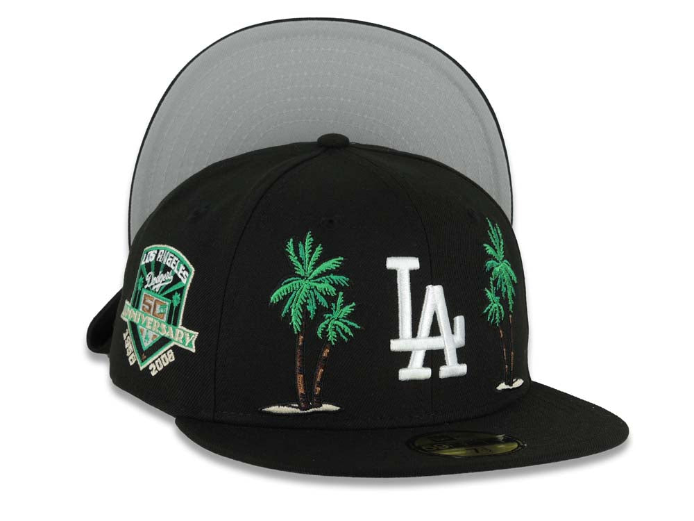 Los Angeles Dodgers New Era MLB 59FIFTY 5950 Fitted Cap Hat Black Crown/Visor White Logo 2 Palm Tree 50th Anniversary Side Patch Gray UV