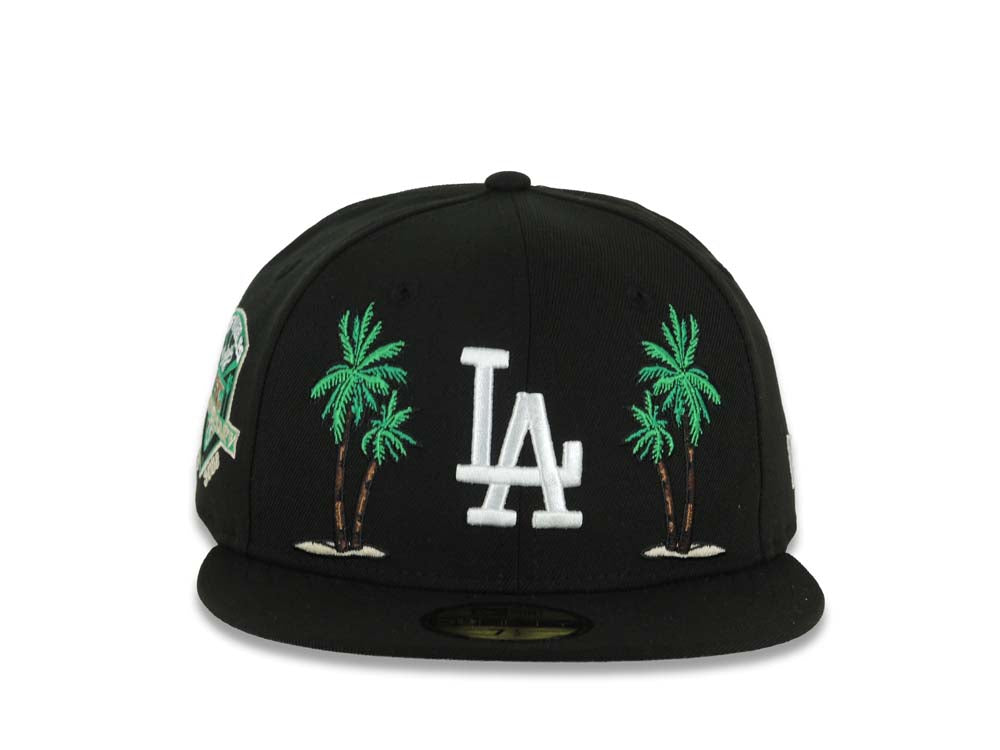 Los Angeles Dodgers New Era MLB 59FIFTY 5950 Fitted Cap Hat Black Crown/Visor White Logo 2 Palm Tree 50th Anniversary Side Patch Gray UV