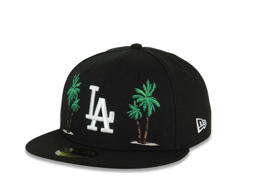 Los Angeles Dodgers New Era MLB 59FIFTY 5950 Fitted Cap Hat Black Crown/Visor White Logo 2 Palm Tree 50th Anniversary Side Patch Gray UV