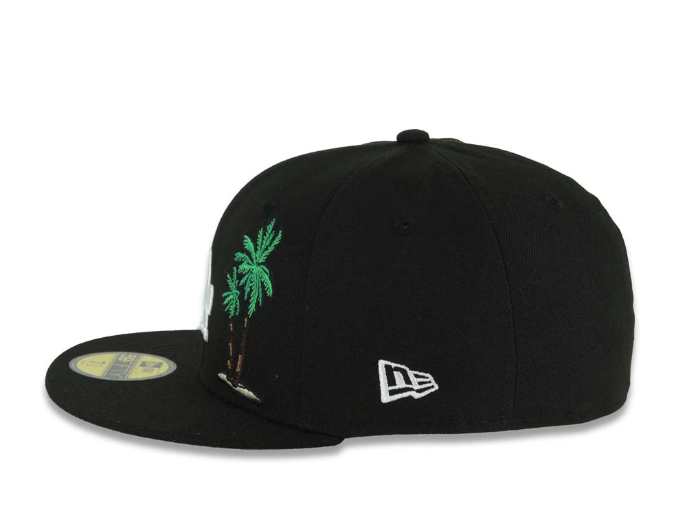 Los Angeles Dodgers New Era MLB 59FIFTY 5950 Fitted Cap Hat Black Crown/Visor White Logo 2 Palm Tree 50th Anniversary Side Patch Gray UV