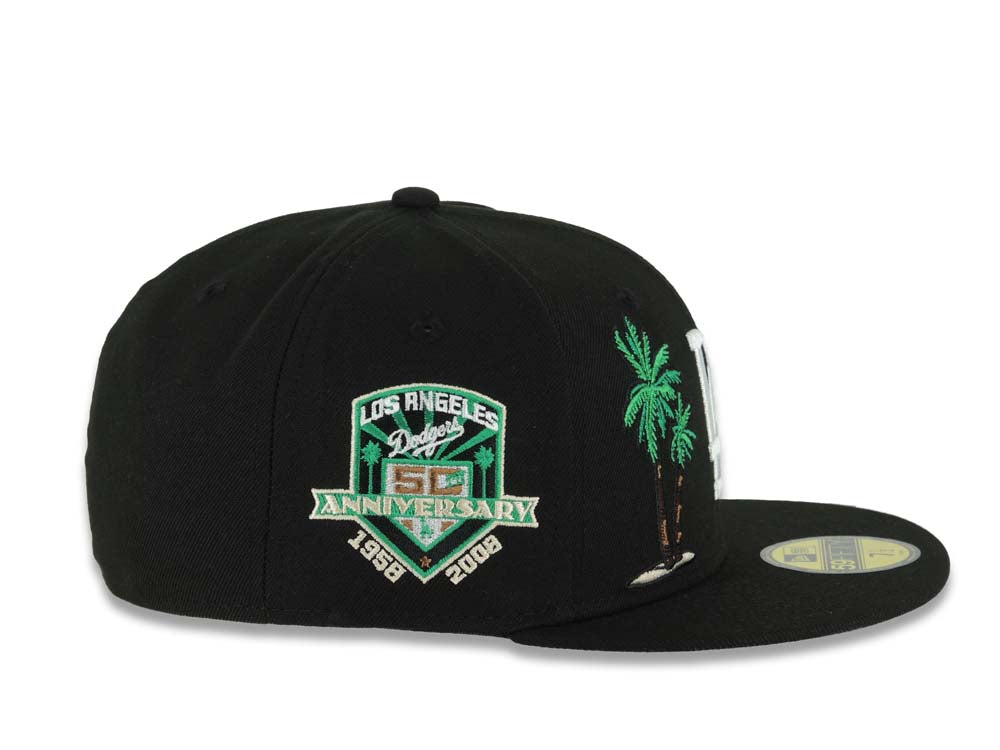 Los Angeles Dodgers New Era MLB 59FIFTY 5950 Fitted Cap Hat Black Crown/Visor White Logo 2 Palm Tree 50th Anniversary Side Patch Gray UV