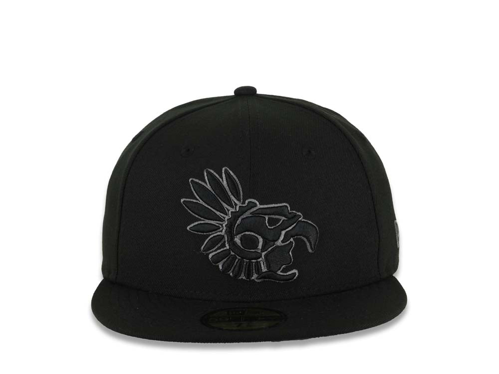 Mexico New Era 59FIFTY 5950 Fitted Cap Hat Black Crown/Visor Black/Dark Gray Aztec Headdress Logo Dark Gray UV