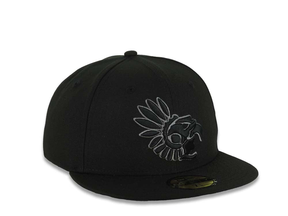 Mexico New Era 59FIFTY 5950 Fitted Cap Hat Black Crown/Visor Black/Dark Gray Aztec Headdress Logo Dark Gray UV