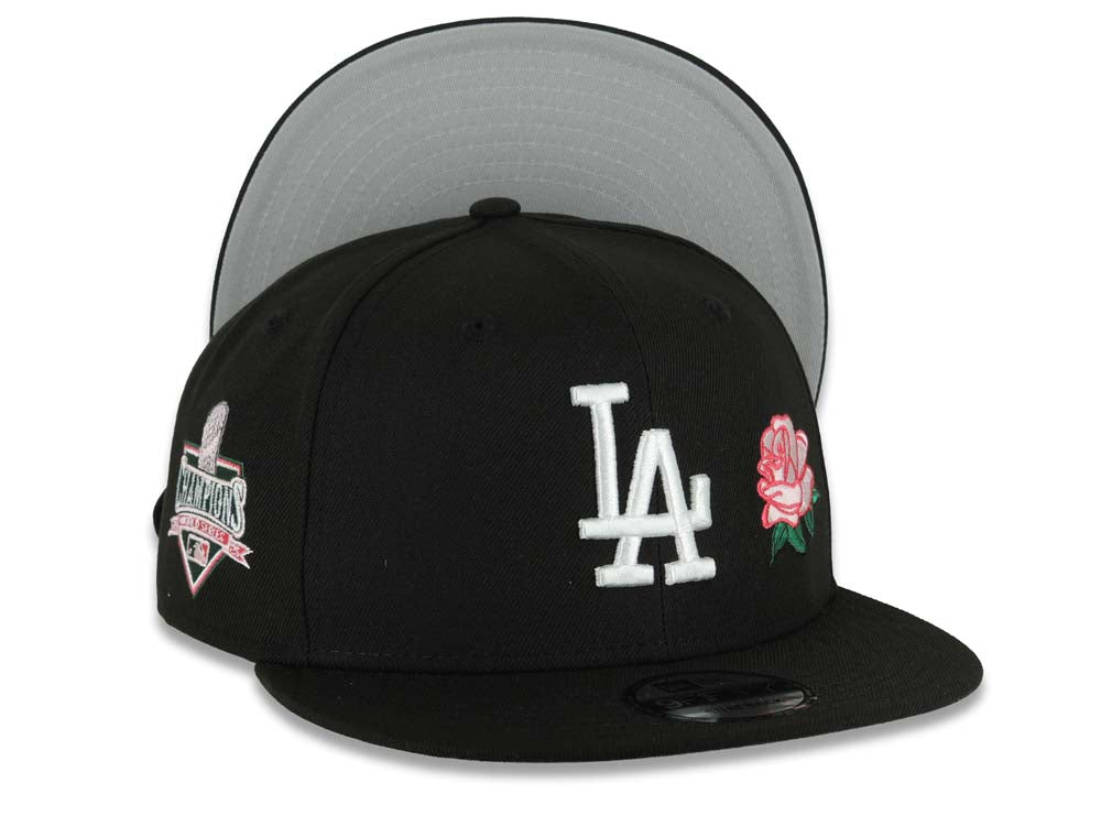 Los Angeles Dodgers New Era MLB 9FIFTY 950 Snapback Cap Hat Black Crown/Visor White Logo Pink Rose 2025 World Series Champions Side Patch Gray UV