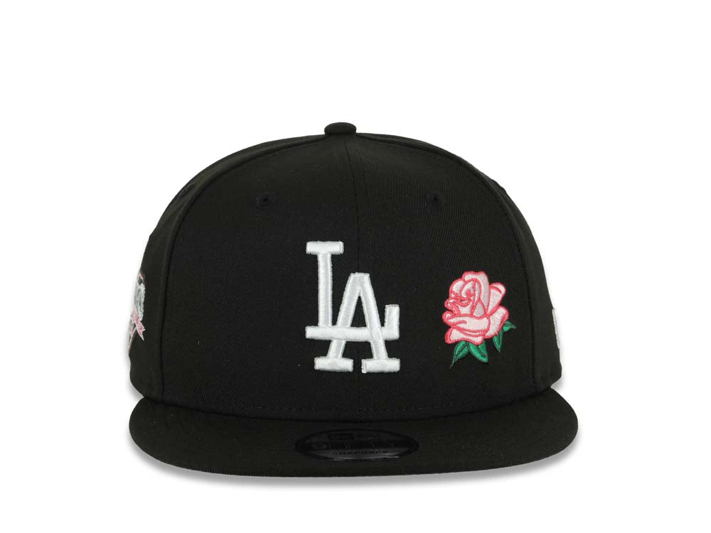 Los Angeles Dodgers New Era MLB 9FIFTY 950 Snapback Cap Hat Black Crown/Visor White Logo Pink Rose 2025 World Series Champions Side Patch Gray UV
