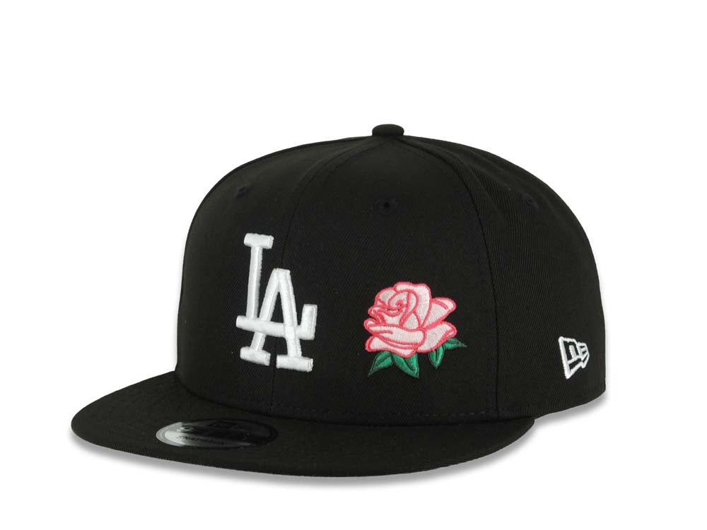 Los Angeles Dodgers New Era MLB 9FIFTY 950 Snapback Cap Hat Black Crown/Visor White Logo Pink Rose 2025 World Series Champions Side Patch Gray UV