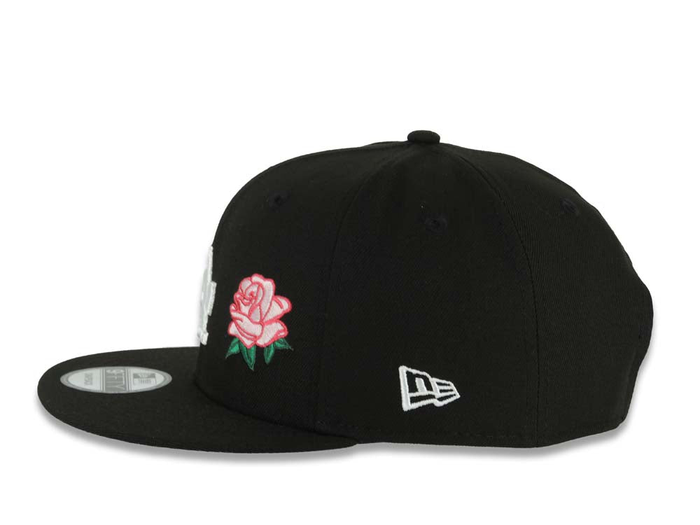 Los Angeles Dodgers New Era MLB 9FIFTY 950 Snapback Cap Hat Black Crown/Visor White Logo Pink Rose 2025 World Series Champions Side Patch Gray UV