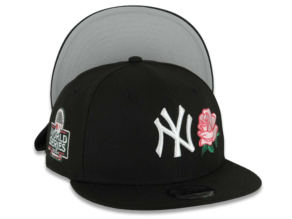 New York Yankees New Era MLB 9FIFTY 950 Snapback Cap Hat Black Crown/Visor White Logo Pink Rose 2024 World Series Side Patch Gray UV