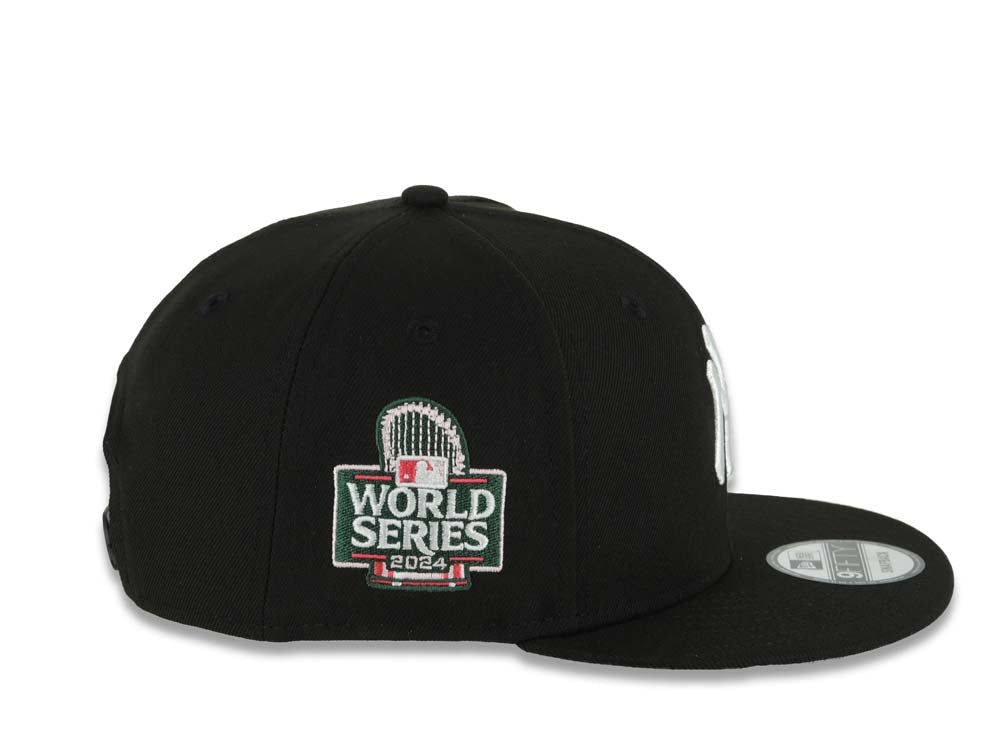 New York Yankees New Era MLB 9FIFTY 950 Snapback Cap Hat Black Crown/Visor White Logo Pink Rose 2024 World Series Side Patch Gray UV
