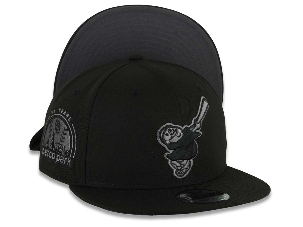San Diego Padres New Era MLB 9FIFTY 950 Snapback Cap Hat Black Crown/Visor Black/Dark Gray Swinging Friar Logo Petco Park 10 Years Side Patch