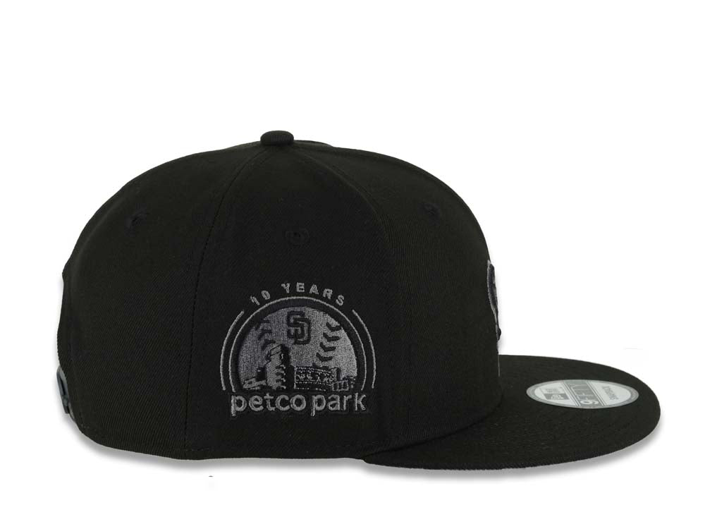 San Diego Padres New Era MLB 9FIFTY 950 Snapback Cap Hat Black Crown/Visor Black/Dark Gray Swinging Friar Logo Petco Park 10 Years Side Patch