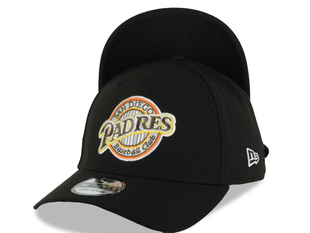 San Diego Padres New Era MLB 39THIRTY 3930 Flexfit Cap Hat Black Crown/Visor Brown/Yellow/Orange/White Baseball Club Logo Black UV