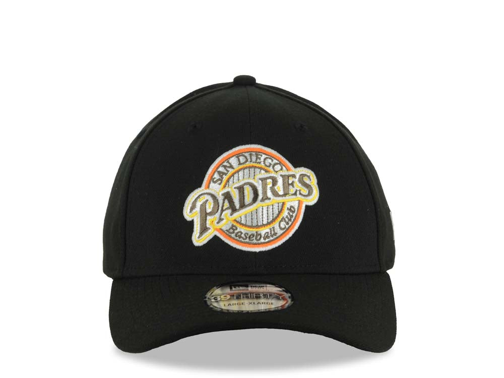 San Diego Padres New Era MLB 39THIRTY 3930 Flexfit Cap Hat Black Crown/Visor Brown/Yellow/Orange/White Baseball Club Logo Black UV